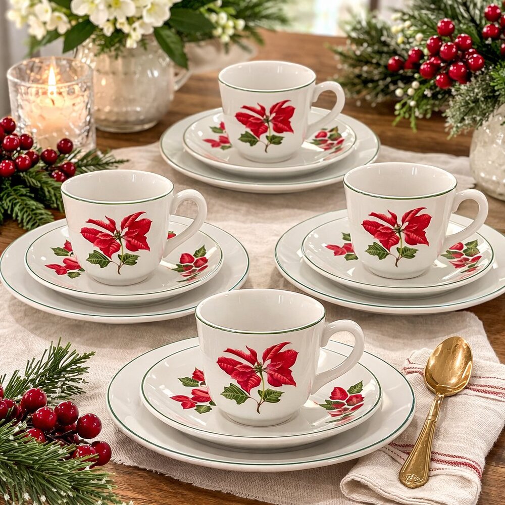 Vintage‎ Poinsettia Teacup & Saucer Set of 4 Christmas Holiday Teacups 12 Pieces